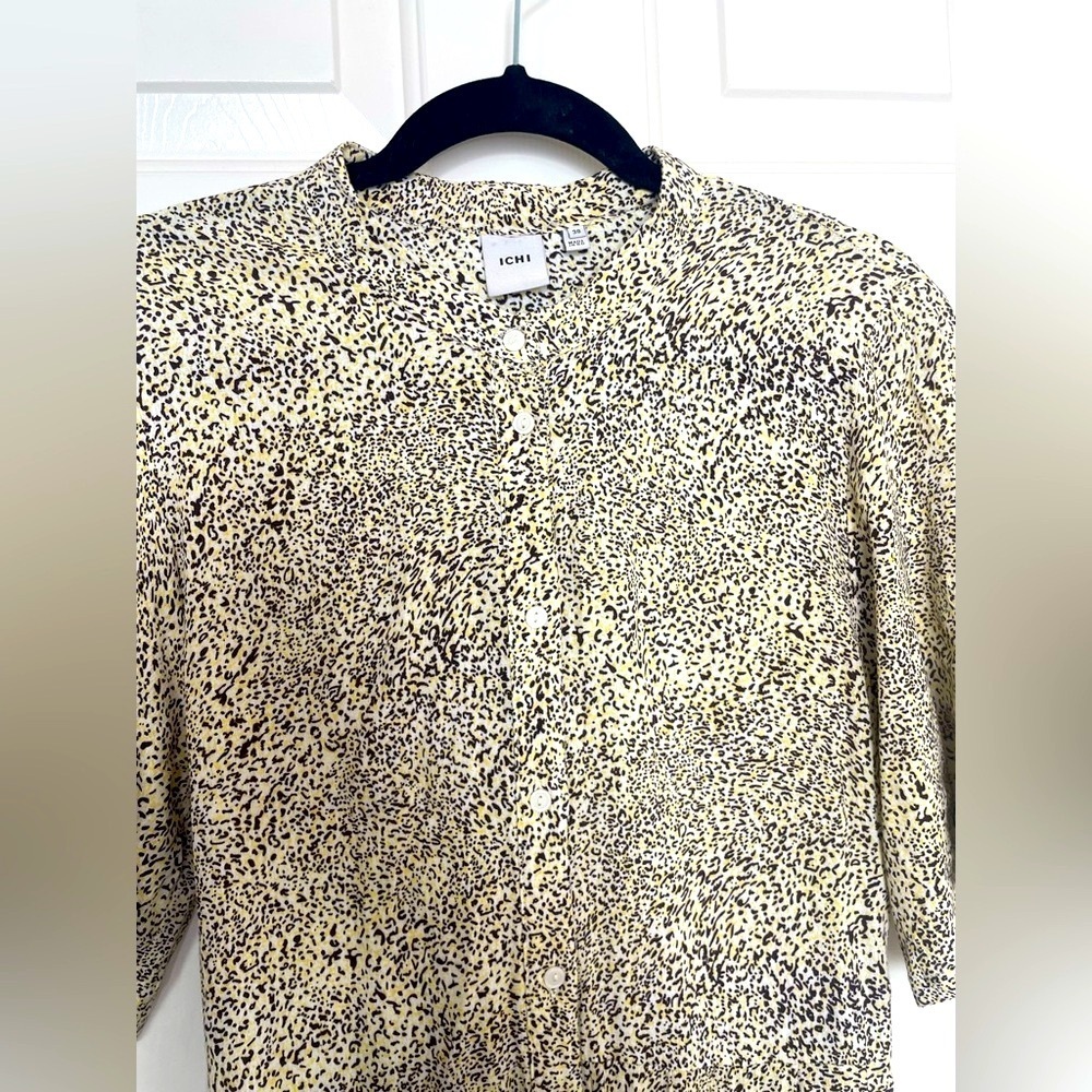 ICHI Puff Sleeve Button Front animal Print Midi Dress Black yellow | 38/M